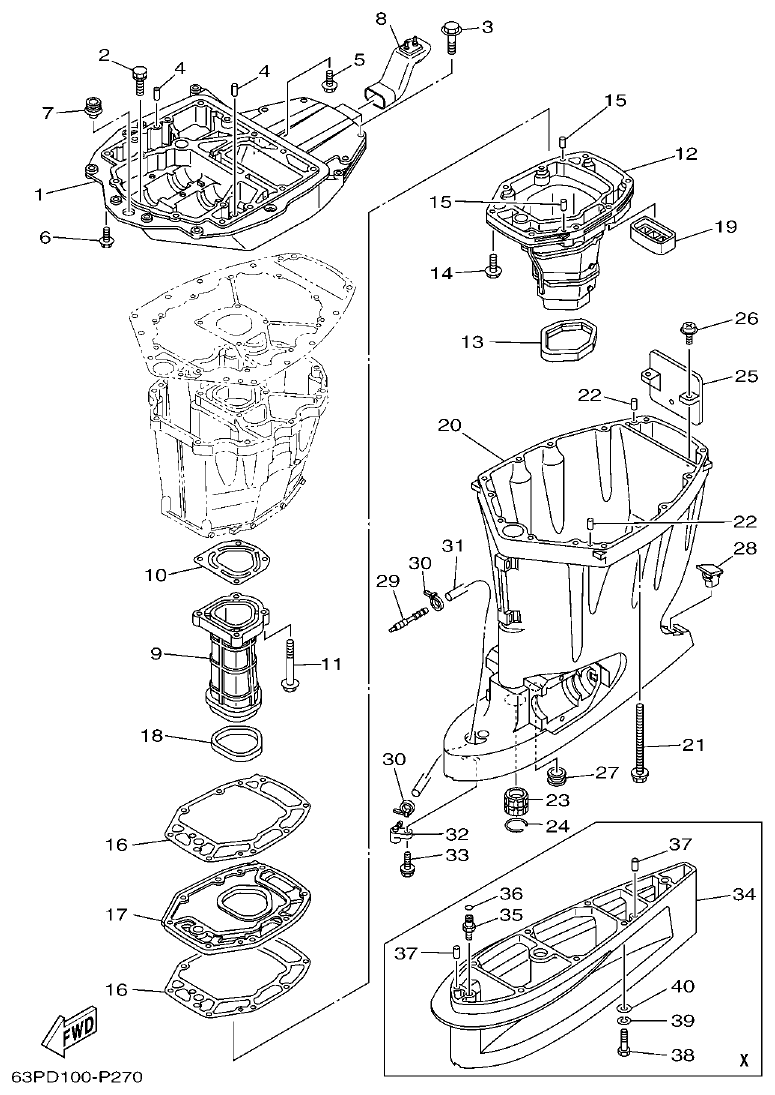 Yamaha F150DET, FL150DET UPPER CASING parts diagram